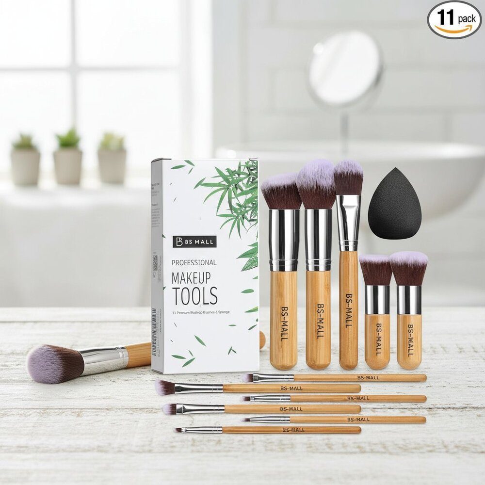 Makeup Brush Set 11Pcs Bamboo Synthetic Kabuki Brush Set Foundation